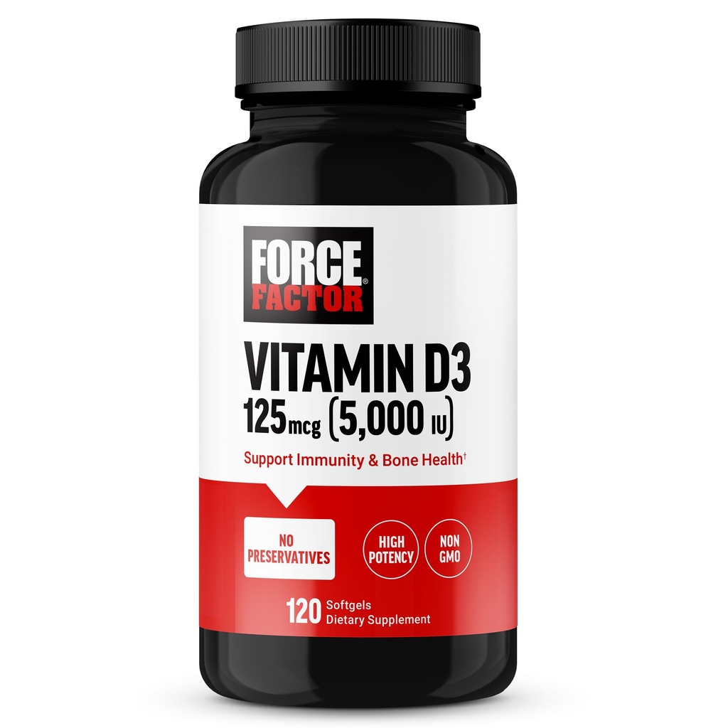 FORCE FACTOR D3-vitamiin 5000 IU Softgels, kõrge tugevusega D-vitamiini lisand immuunsuse ja luude tervise toetamiseks, Premium kvaliteet, säilitusainete puudumine, 120 Softgels