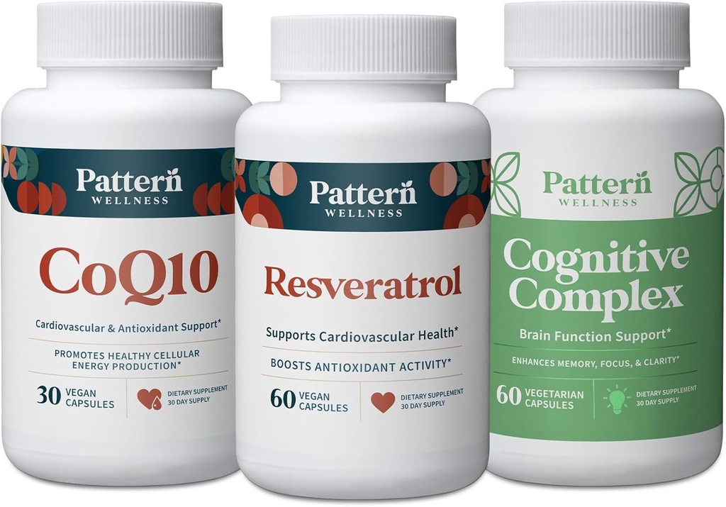Tervislik vananemiskomplekt - CoQ10, resveratrool, kognitiivne kompleks - edendab ajatut tervist ja heaolu - 3 paketti, kõik-looduslikke, vegan-sõbralikke valemeid