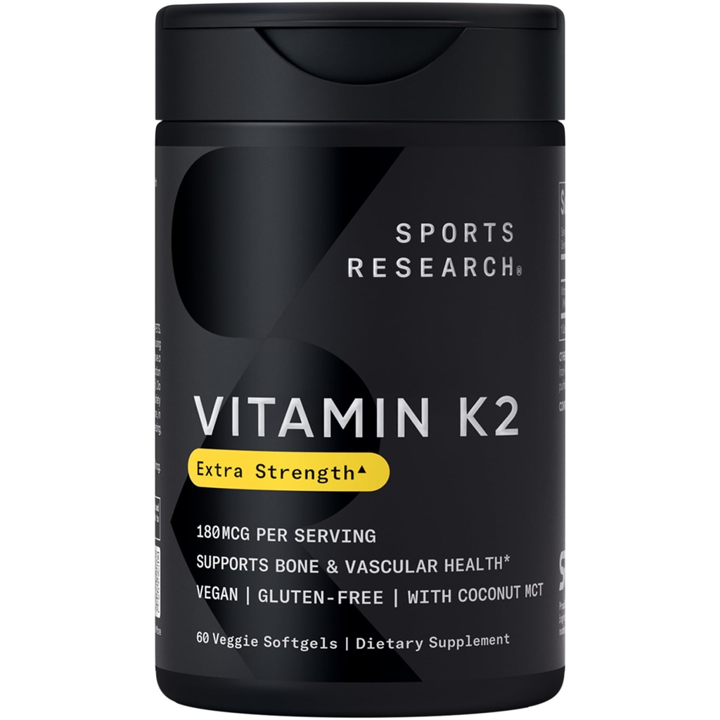 Spordiuuringute vitamiin K2 MK7 180mcg kookosõliga - 60 köögivilja softgels - Vegan sertifitseeritud, mitte-GMO kontrollitud ja gluteenivaba