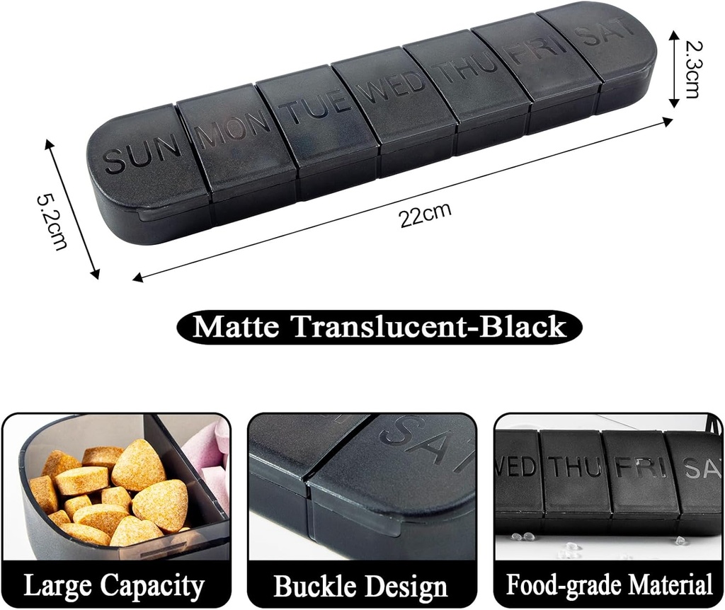 Pill Organizer Suur, iganädalased 7-päevased vitamiinid Case Dispenser, Matte Black, Travel Medicine Pill Box Hoidja Ravimid, Ravimid ja mineraalid, Toidulisandid, Kalaõli, kapslid, Tablett