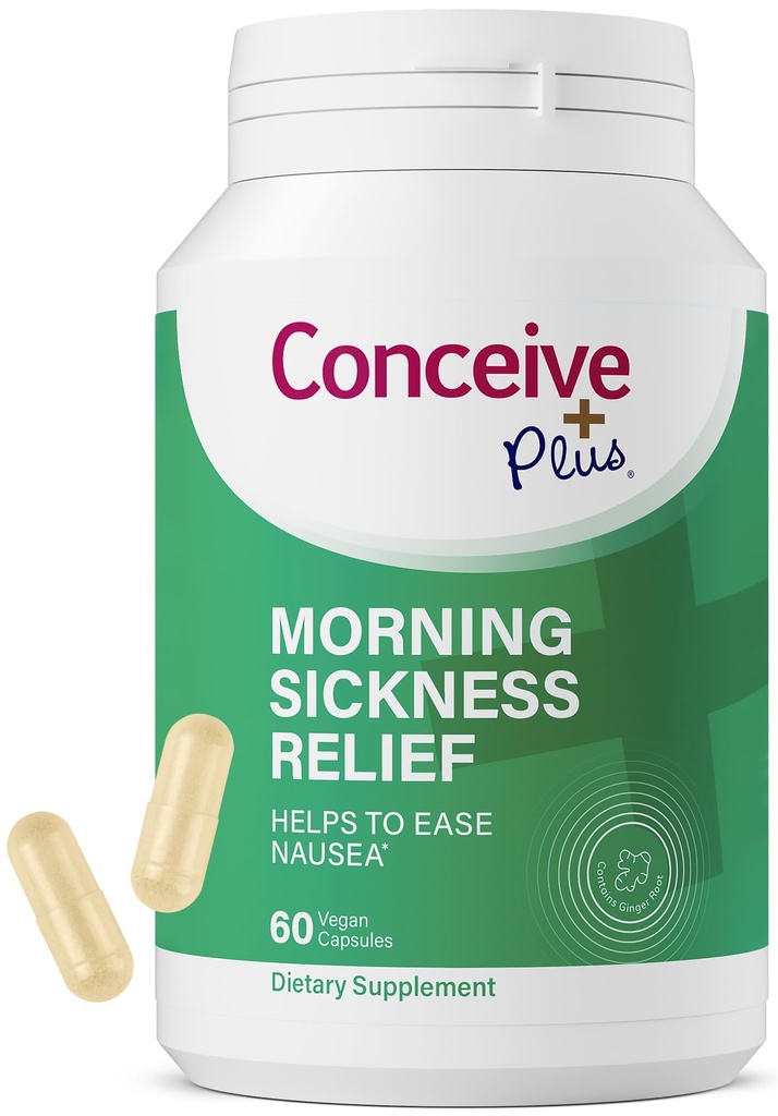 CONCEIVE PLUS Hommikune haiguse leevendamine - puhas kuivatatud ingveri pulber - iivelduse, liikumise ja kõhu ebamugavuse leevendamine raseduse ajal - oluline emade ootamiseks - mitte-GMO - 60 vegankapslit