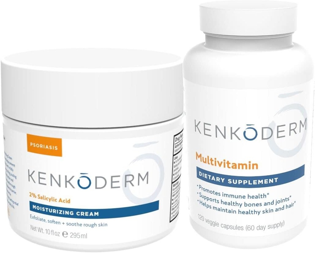 Kenkoderm psoriaas niisutav kreem ja multivitamiini nahahoolduskomplekt, niisutav kreem salitsüülhappega, 10 oz ja multivitamiin Omega 3 ja D-vitamiin, immuuntoetus täiendus, 120 kapslit