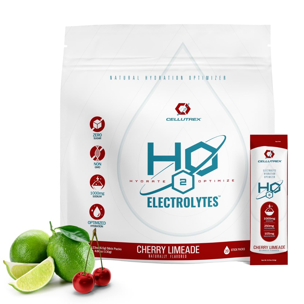 Cellutrex® H2O elektrolüüdid – elektrolüütide pulbrijoogisegu, nullsuhkur, loodusliku soola hüdratatsiooni pakendid taastumiseks ja heaoluks, kirsi limead, 20 pulka