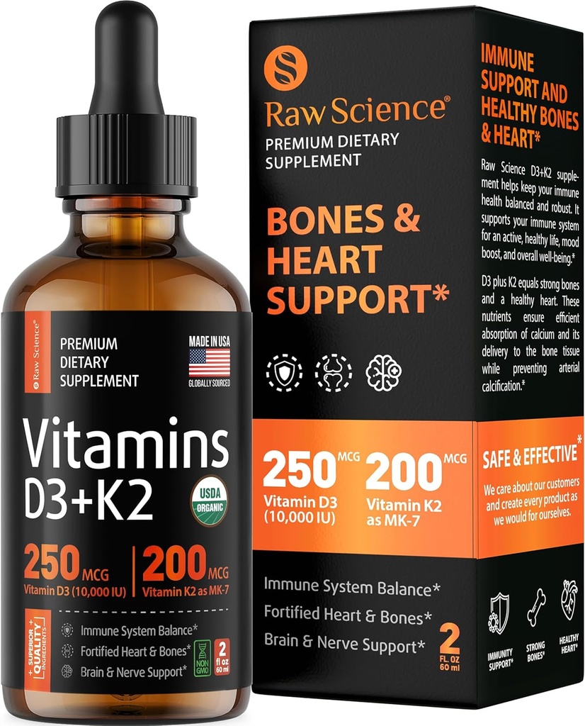 Vedel D3-vitamiin K2 10000 iu & 200 mcg - D-vitamiin MK7 K2-vitamiini tilkadega - Luutihedus ja südametoetus Vedelad vitamiinid naistele ja meestele, kõrge imendumine Vit K2 D3 Vitamiin Supplement - 2 fl oz