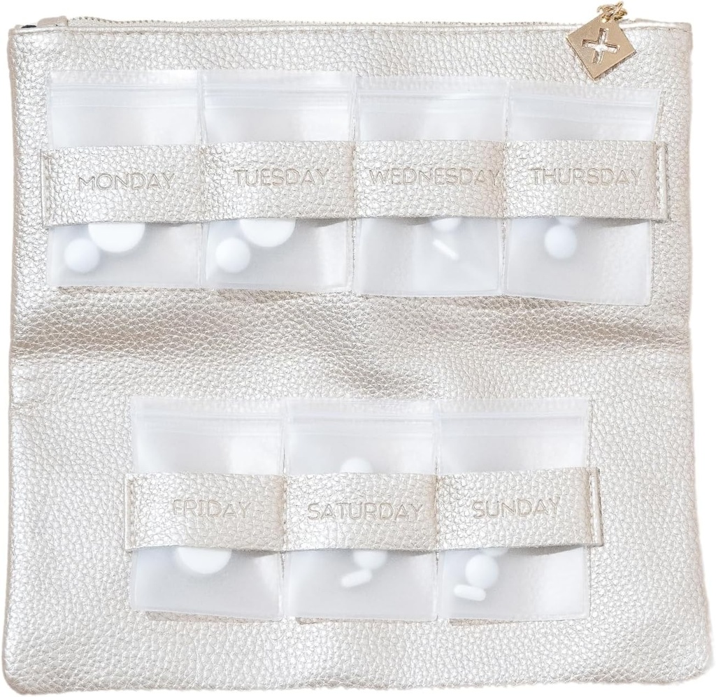 Dosey Gold Era 7-päevane pillide käekott - Vegan Leather Daily Pill Korraldaja - Luksuslik reisikott, õhukindlad pillid ravimite säilitamiseks ja kaitseks - Stiilne pillide sorteerimine ja ravimite korraldaja - kuld