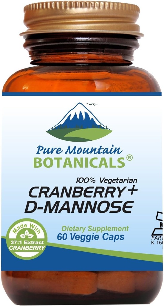 Pure Mountain Botanicals Cranberry D Mannose kapslid - 60 Kosher Vegan kapslid - 1000mg D mannoos koos Cranberry kontsentraat Plus C-vitamiin