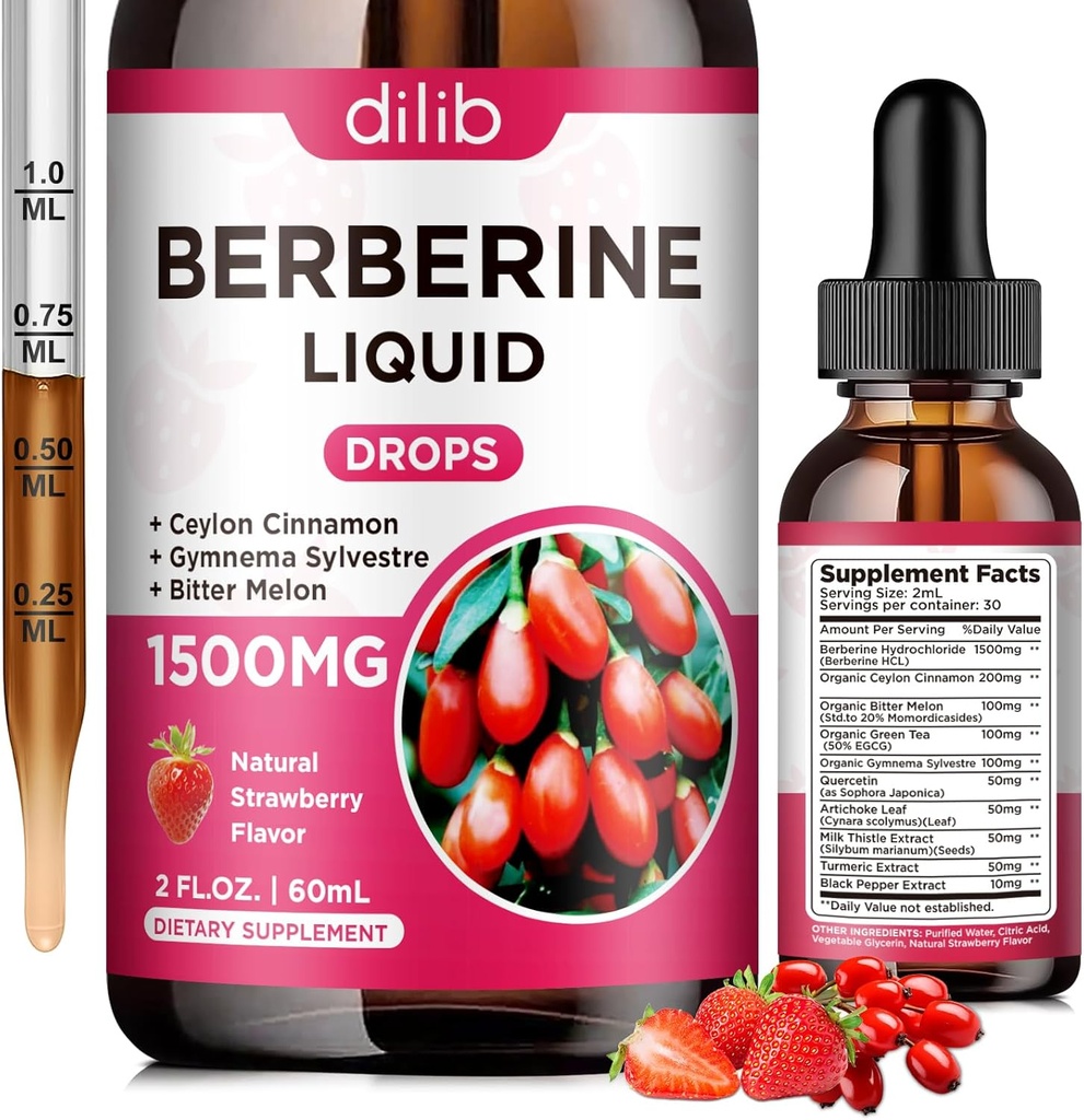 Berberine Supplement Vedelik tilgad - Berberine HCL 1500mg koos Ceylon Cinnamon, Bitter Melon, Gymnema Sylvestre immuunsüsteemi, seedesüsteem ja südame tervis, looduslik maasikamaitse, 2 Fl Oz