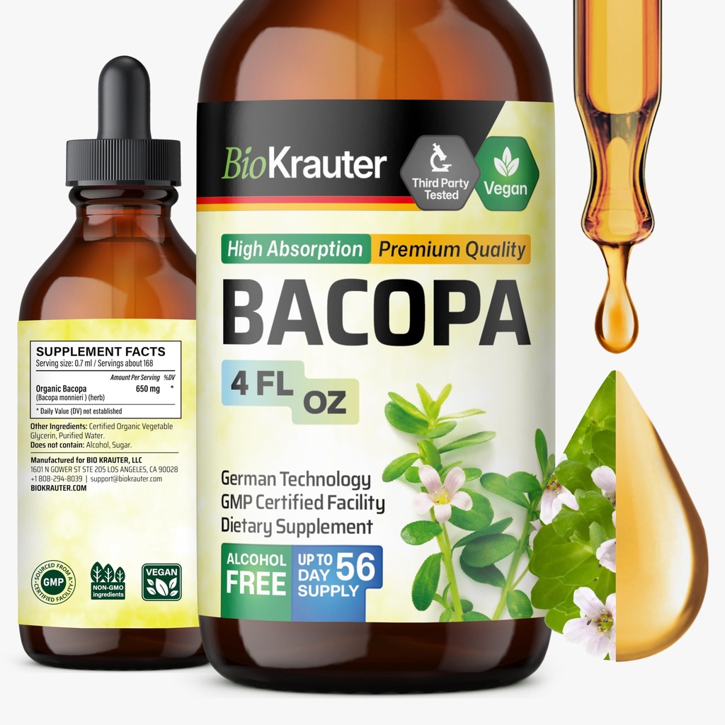 BIO KRAUTER Bacopa Monnieri toidulisand Vedelik - Ajutugi Brahmi - Alkoholi- ja suhkruvaba Bacopa maitsetaime tilgad 4 Fl.Oz.
