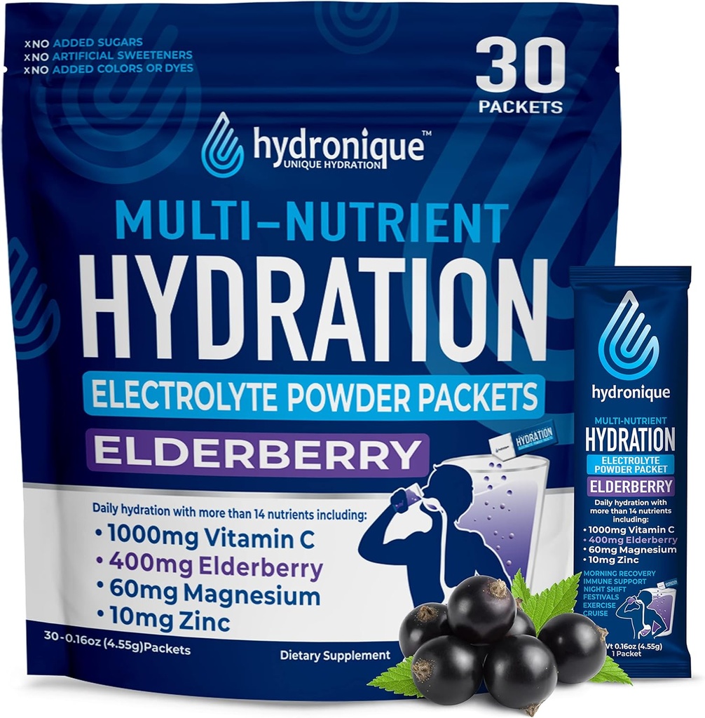 Hüdrohüdratsioonipaketid | Madal naatriumelektrolüütide pulber | 54mg naatrium | Vitamiinid, mineraalid, antioksüdandid | Elderberry Maitse (30 pakendit)
