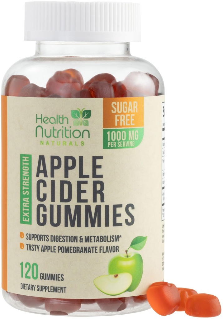 Apple Cider Äädikas Gummies 1000mg - Max Tugevus Suhkruvaba ACV Gummy Vitamiinid, toetab ainevahetust ja energiat, Keto Sõbralik, Vitamiin B12, želatiinivaba, Gluteenivaba, Vegan & Non-GMO - 120 Gummies