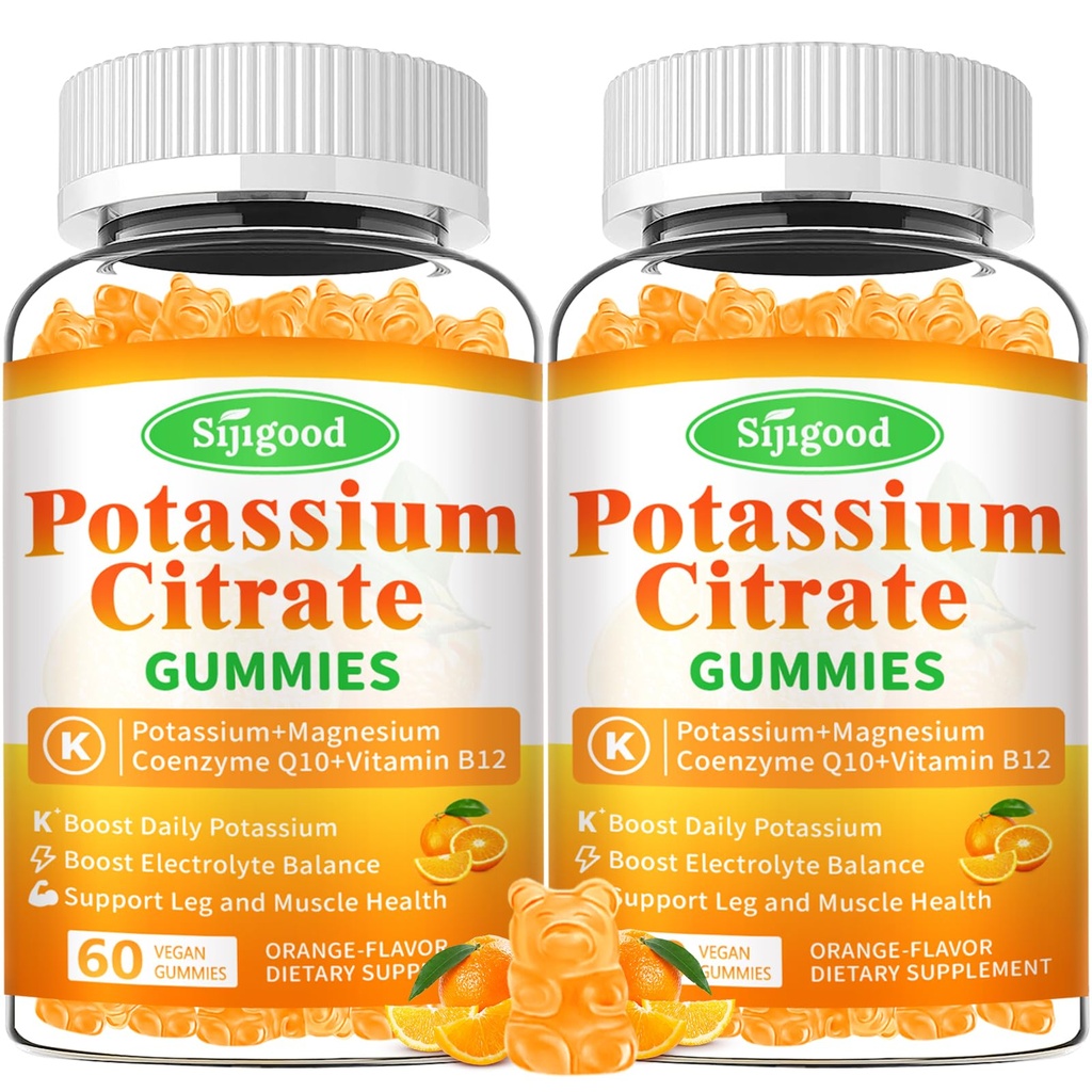 2 Pack Kaaliumtsitraat Gummies - kõrge potentsi kaaliumilisa lihaste tervise, jalgade krampide leevendamine, elektrolüütide tasakaal - vegan, GMO-vaba, oranž maitse, 120 krahv