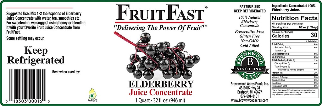 100% puhas Elderberry Juice Concentrate (32 fl. oz. - Pack of 4) poolt FruitFast - Brownwood Acres | Unsweetened, Non GMO, Gluteenivaba, Kõik Natural Juice Extract - soodustab tervislikku immuunsüsteemi funktsiooni *