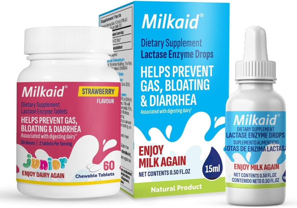 Milkaid Junior Lactase Enzyme närimistabletid laktoositalumatuse vastu | hoiab ära gaasi, puhituse, kõhulahtisuse lastel | Kiire tegutsemine Piimaseedetrakti toidulisand lastele | Maasikas Maitse | 60 ct (2)
