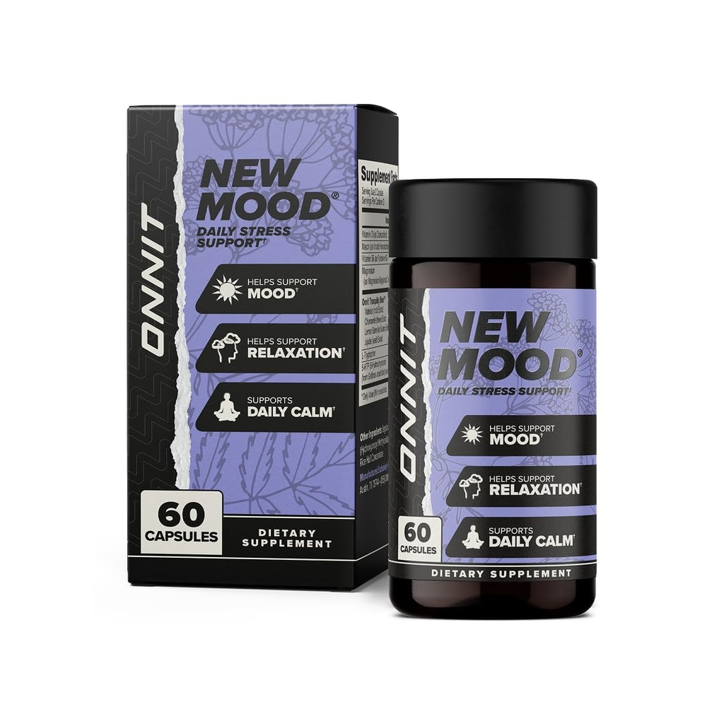 ONNIT New Mood Daily Stress Support kapslid, IGENTM mitte-GMO testitud, une- ja meeleolutoetus meestele ja naistele, igapäevase stressi juhtimise kapslid, 60 loend