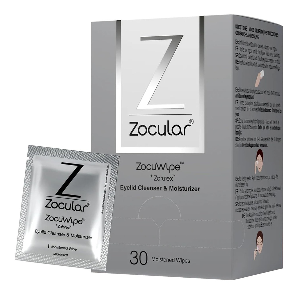 Zocular - Zocuwipe Eyelid Wipes Natural Okra Complex - Silmalau puhastaja ja niisutaja Pads - Silmalaugude Puhastamine Pühkimine - Blefariit Ravi - 40ct