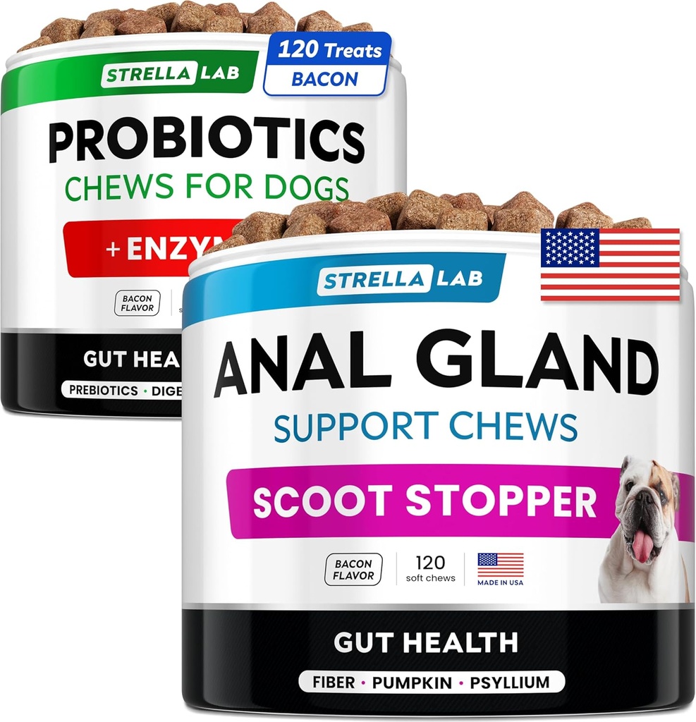 Probiootikumid + Anal Gland Support Dogs Bundle - Seedeensüümid ja prebiootikumid - Allergia, kõhulahtisus, kõhukinnisus ja Scoot Ravi - Fiber Supplement seedimist, soolestiku tervis ja immuunsus - valmistatud USAs