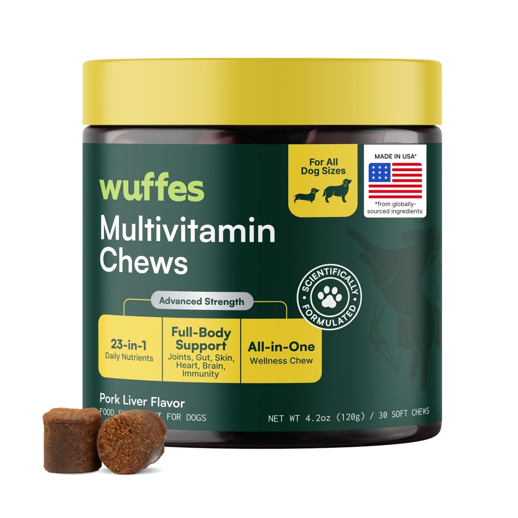 Wuffes 23-in-1 koera multivitamiini lisand puusa- ja liigese-, naha- ja kate- ning immuunsüsteemi tugi Omega 3, raud, tsink, C-vitamiin - mineraalid ja vitamiinid vanematele koertele ja kutsikatele - 30 pehmet närimist