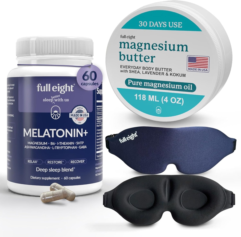 Unekomplekt: 3D kerge blokeeriv unemask, melatoniin + kiire lahustamine Melatoniini lisandid 60 kapslit ja magneesiumi kehavõi pingestatud jalgadele ja tihedatele lihastele, 4oz kreem