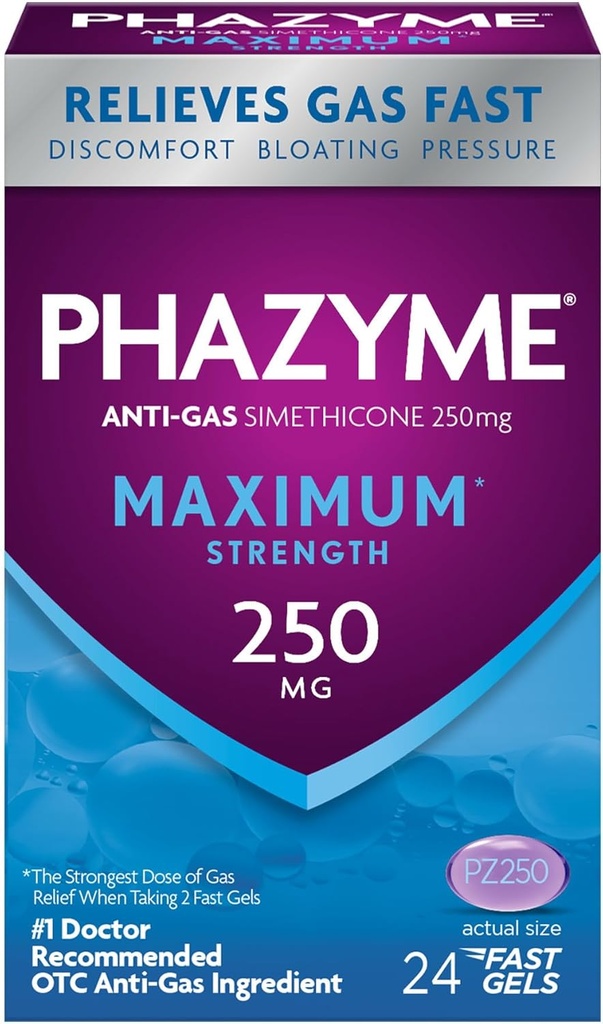 Phazyme Maximum * Tugevus Anti-Gas 250 mg Simethicone Gas Relief täiskasvanutele, Kiire Gels Kiiresti Kergendada Bloating, Rõhk & Ebamugavus, 24 Count