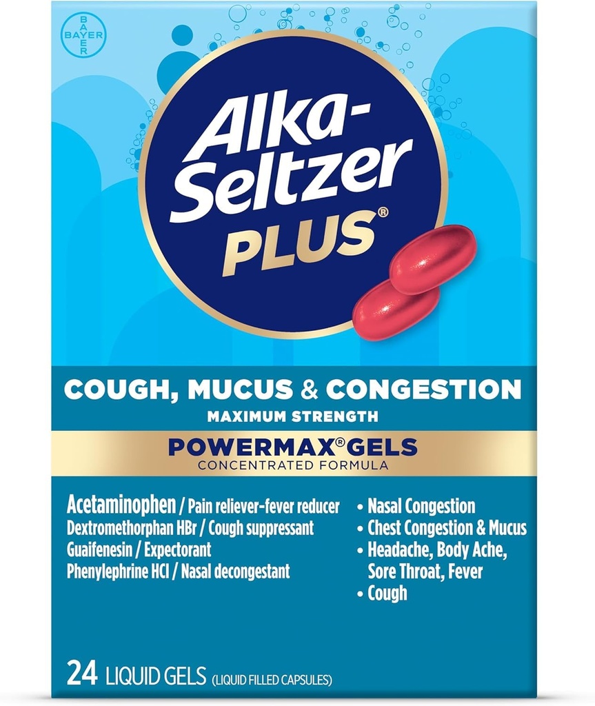 Alka-Seltzer Plus Maksimaalne tugevus köha, lima ja ummistus Powermax Vedelad geelid, kiire ja efektiivne rindkere ummistuste leevendamine, köha supressant, täiskasvanutele ja lastele 12 aastat ja vanemad 24 krahv