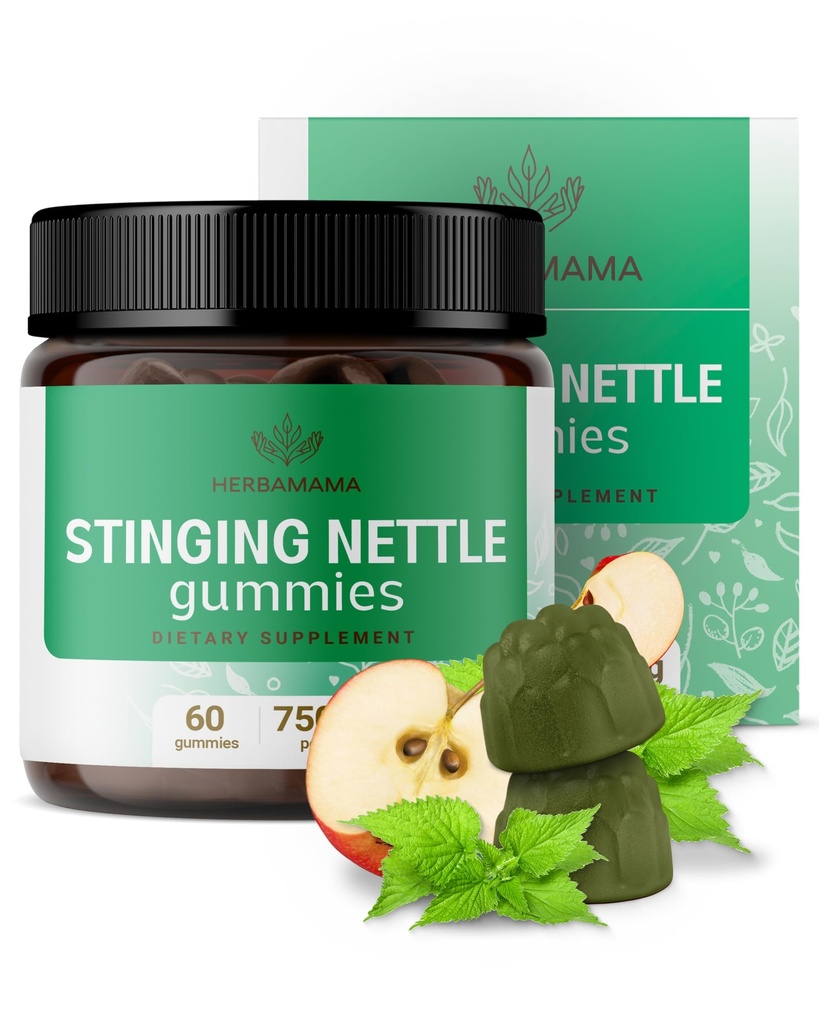 HERBAMAMA Stinginging Nettle Gummies - 7500mg Stinging Nettle juure ekstrakt kuseteede toetust naistele ja meestele - Vegan, Non-GMO Urtica Dioica Supplement - 60 Pektiin-Based Apple maitsestatud Chews