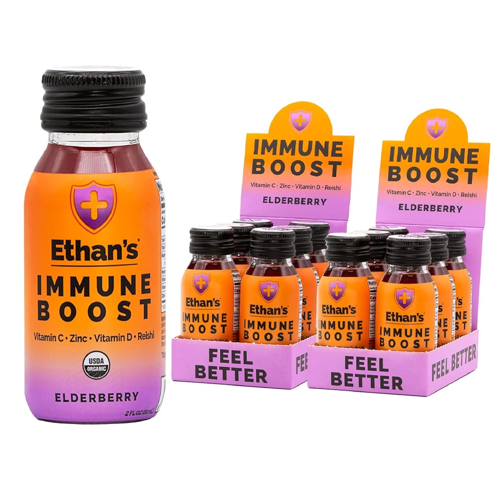 Ethan's Organic Immune Boost Shots, Elderberry Maitse. Tunne end paremini. Immuunsuse tugi, valmistatud tõelisest puuviljast, C-vitamiinist, D-vitamiinist, Reishi'st, tsinkist, millele ei ole lisatud suhkrut (12 pakki 2oz kaadreid)