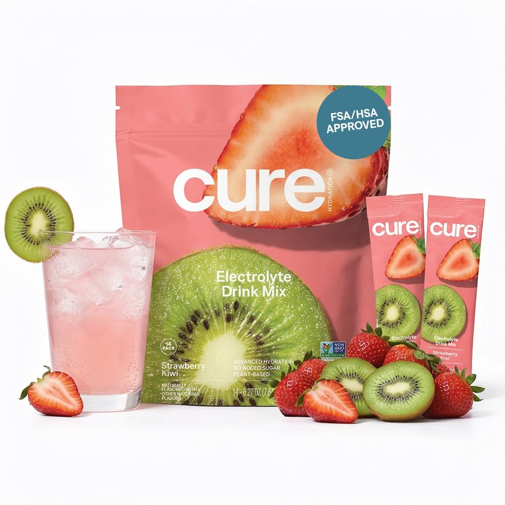 Cure Hydration | Plant-Based Electrolyte Drink Mix | No Add Sugar | FSA-HSA | Dehüdratsioon Relief Pulber valmistatud kookosvesi | Non-GMO | Vegan | Pakk 14 pakendit - Maasikas Kiivi