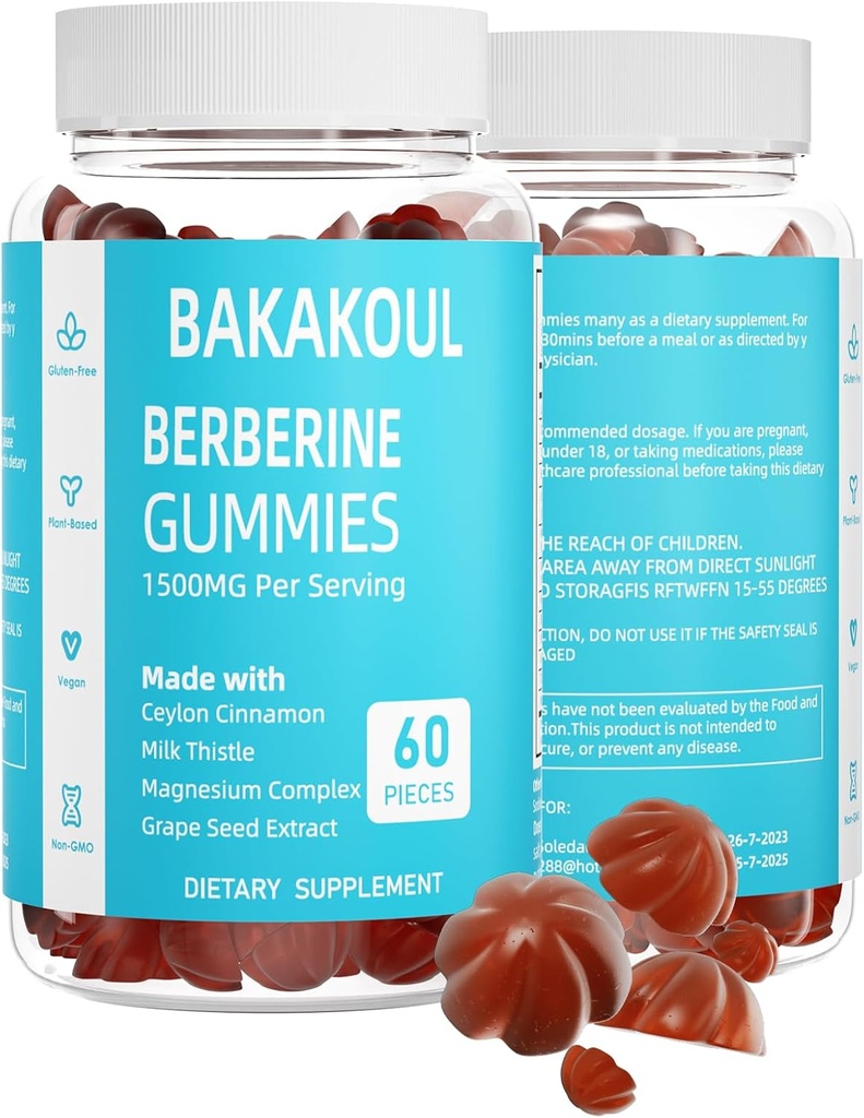 Berberiin koos Ceylon Cinnamon Gummies, Sugar-Free Berberine 1500 mg ja Ceylon Cinnamon 500 mg, High Potency Berberine Gummies koos magneesiumkompleks ja piimaohakas, 60 Gummies