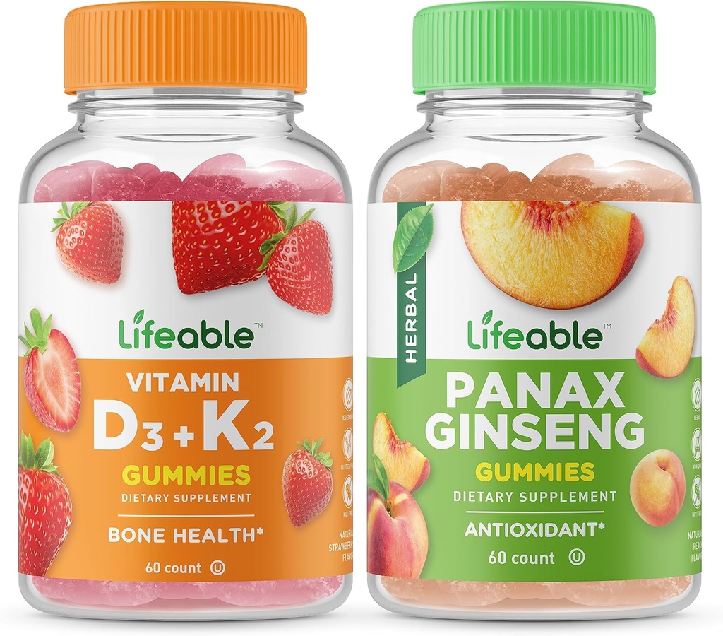 Elujõuline D3-vitamiin + K2-vitamiin + Panax ženšenn, Gummies Bundle - suurepärane maitse, vitamiinilisand, Gluteenivaba, GMO-vaba, närimiskumm