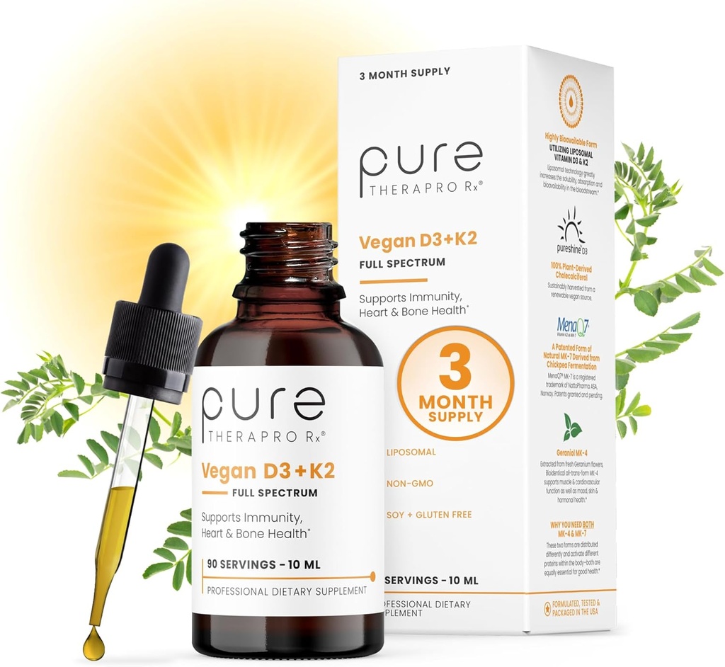Puhas Therapro Rx Vegan D3 + K2 Orgaaniline 100% Liposomal 10 ml Made in USA | 3 kuu pakkumine | Maksimaalne imendumine Vitamiin D3 ja vitamiin K2 täiendused meestele ja naistele, D3 Vitamiin 5000 RÜ