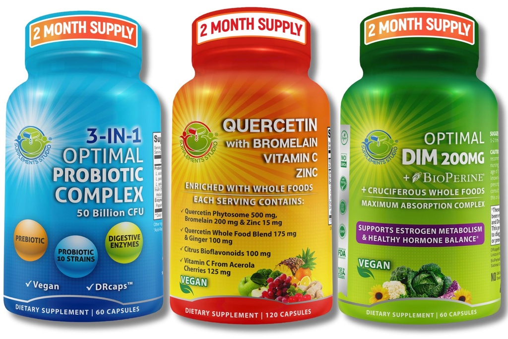 Vegan Hormonaalne, Immune & Gut Health Support Bundle - Quercetin 500mg koos Bromelain, Tsink & Vitamiin C + DIM 200mg koos BioPerine® + 3-in-1 probiootiline 50 miljardit CFU koos seedetrakti ensüümide ja prebiootikumidega