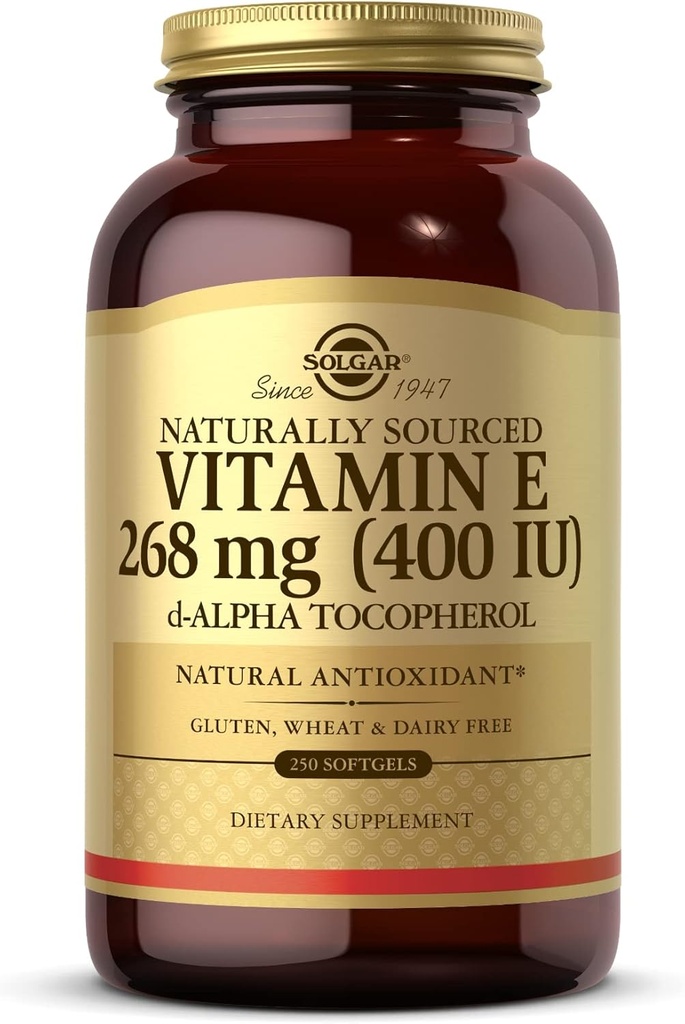 Solgar Vitamiin E 268 mg (400 RÜ) - 250 Softgels - looduslikult hangitud E-vitamiin d-alfa-tokoferoolina - Gluteenivaba, piimavaba - 250 serveerimist