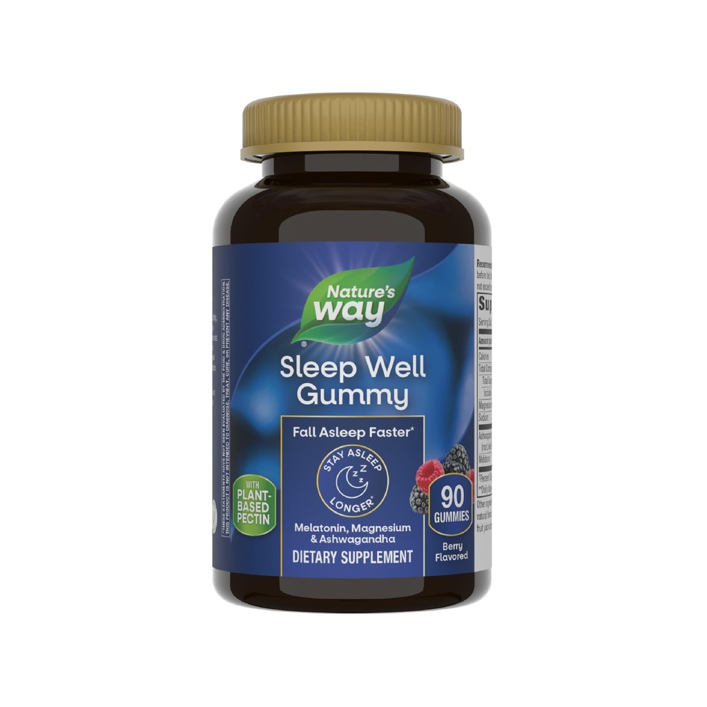 Nature's Way Maga hästi melatoniin ja magneesiumkummid, täiskasvanute unetoetus *, Ashwagandha, Berry Maitsestatud, 90 Gummies