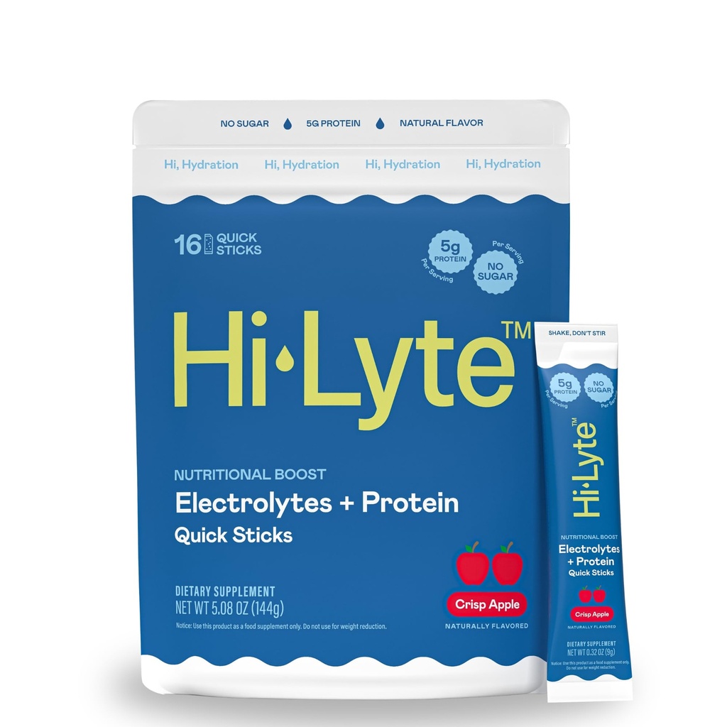 Hi-Lyte elektrolüüdid + Protein Quick Sticks Crisp õun, 16 serveerimist - naatrium, kaalium, vadakuvalk - Keto sõbralik - 5 g valku, suhkrut pole