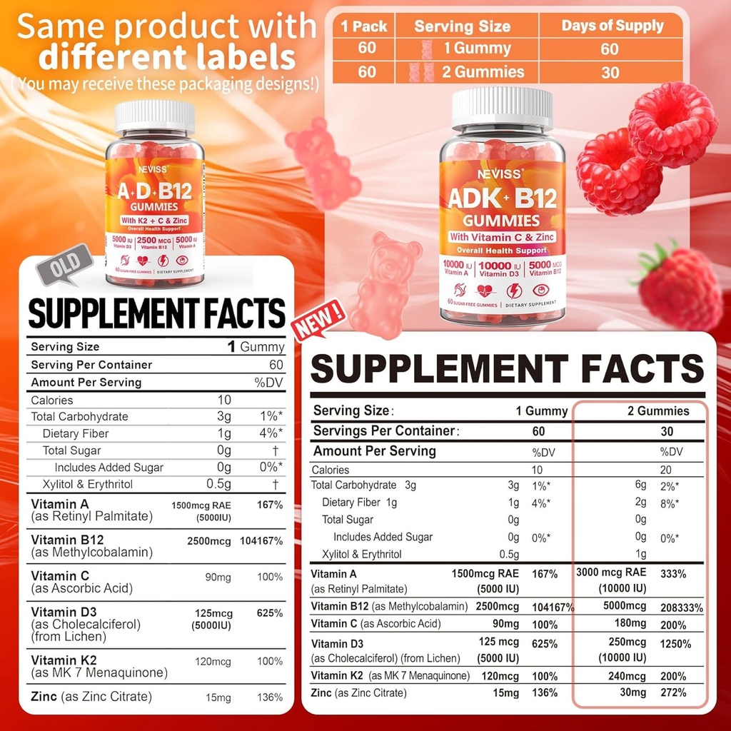 NEVISS 2Pack Vitamiin ADK B12 Gummies + 1Pack Glükoosamiin Täidetud kummikud