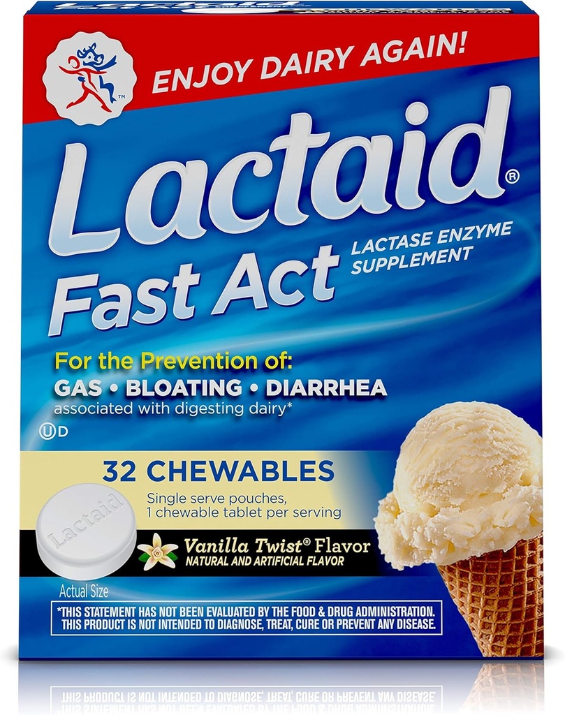 Lactaid Fast Act Laktoosi tolerants närimistables koos laktaasi ensüümidega, Vanilla Twist, 32 Pks 1-ct.