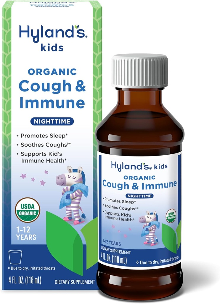 Hyland's Kids Nighttime Organic Cough Syrup and Immune Support koos Agave, Elderberry ja Granate, Soothes Cough ja toetab immuunsust, 4 Fl. Oz.
