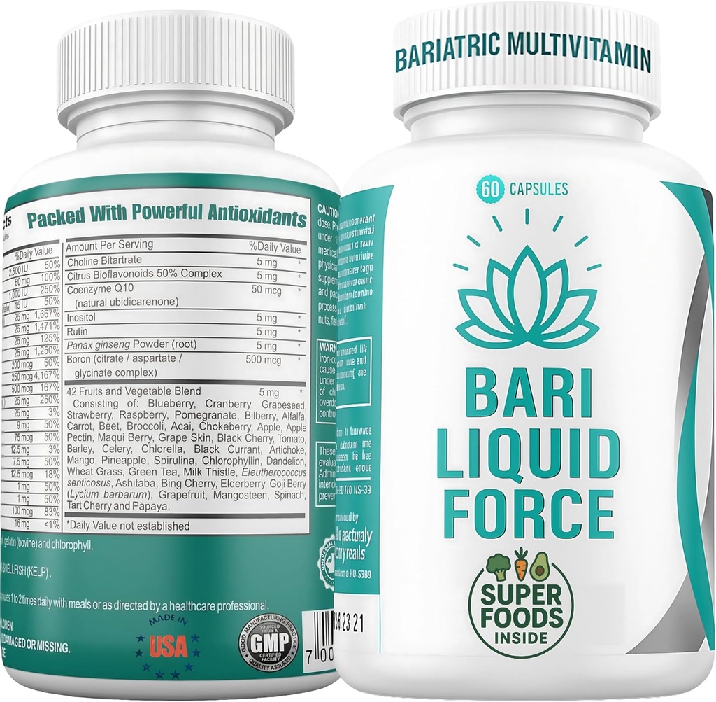 Bari Vedelik Jõud Üks päev Bariaatriline Multivitamiin Rauaga - Kiire Imendumine Geel Kapslid Maovarrukatele, Bypass, Duodenal Switch - Superfood Blend - Bariatric Peab Olema Naistele Ja Meestele