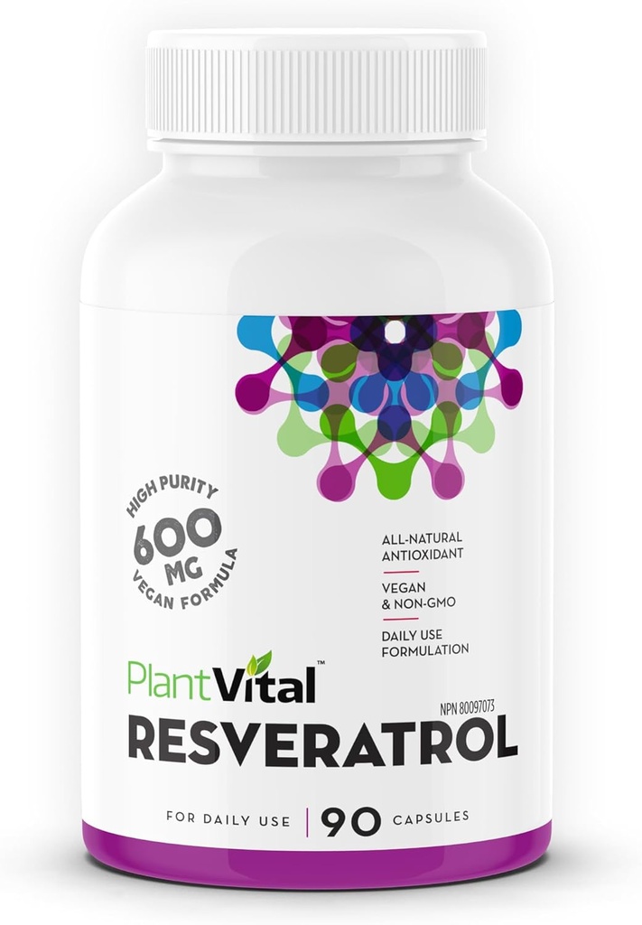 Plantvital Resveratrol 600mg - 90 Vegan Resveratrooli kapslid - kõrge puhtus Trans Resveratrooli lisand - Antioksüdant - Non- GMO, Gluteenivaba