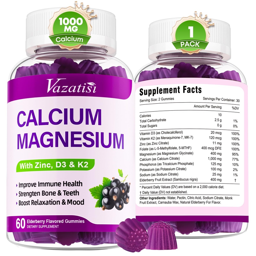 Kaltsium Magneesium Tsink Kummid Vitamiin D3 ja K2, Kõrge imendumine Magneesium Glütsinaat Kaalium Immuunsüsteemi ja lihased, Vegan Elderberry Maitse 60 Gummies