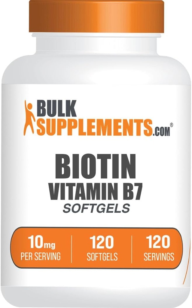 BulkSupplements.com Biotin 10000mcg Softgels - Vitamiin B7, Biotiin Vitamiinid juustele, nahale ja küüntele, Biotiin Supplement - Gluteenivaba, 1 Softgel per Serving, 120 Count (Pack of 1)