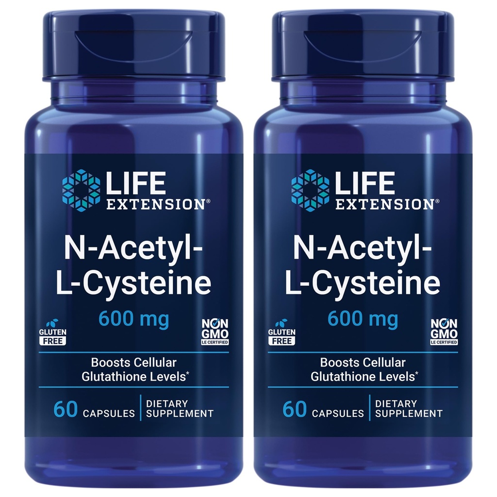 Elu pikendamine N-atsetüül-L-tsüsteiin (NAC), immuunvastus, hingamisteede tervis, maksa tervis, NAC 600 mg, antioksüdant kaitse, vabad radikaalid, kergesti imenduvad - kaks pakendit x 60 kapslit