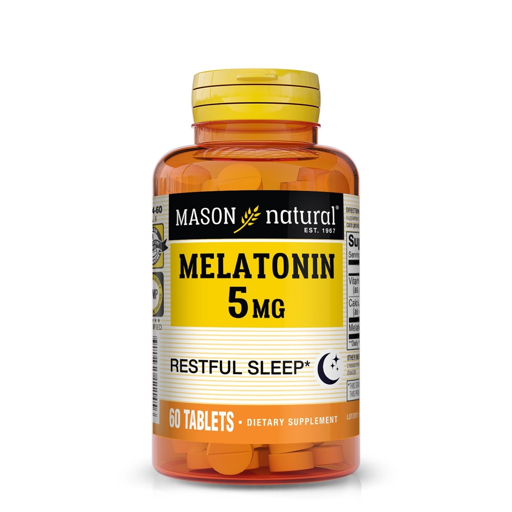 Mason Natural Melatonin 5 mg B6 ja kaltsiumi, Natural Sleep Aid, toetab rahulikku und, 60 tabletti