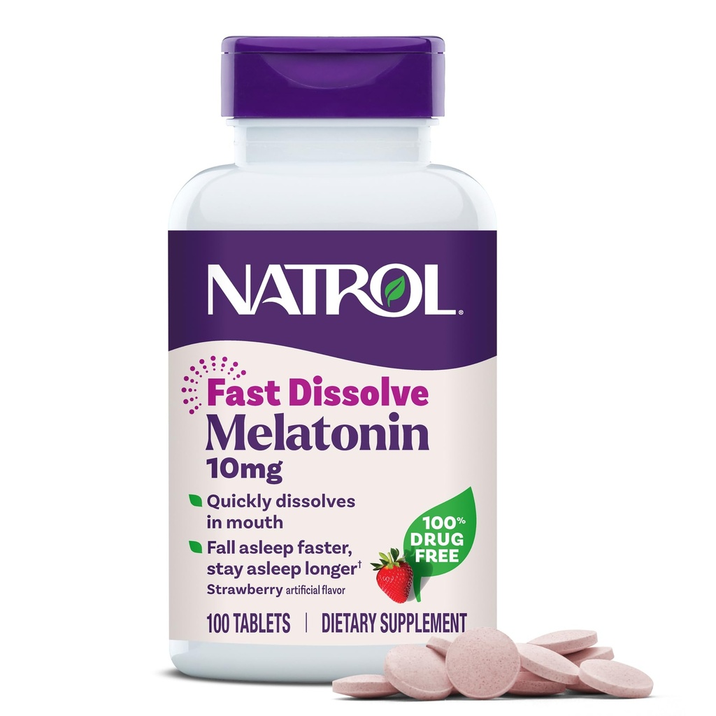 Natrol Melatoniin 10mg Kiiresti Lahustuvad Tabletid - Maasikas Maitse, 100 Count, Sleep Support, Kiire Lahustada Melatoniini Täiskasvanutele, 100-päevane pakkumine