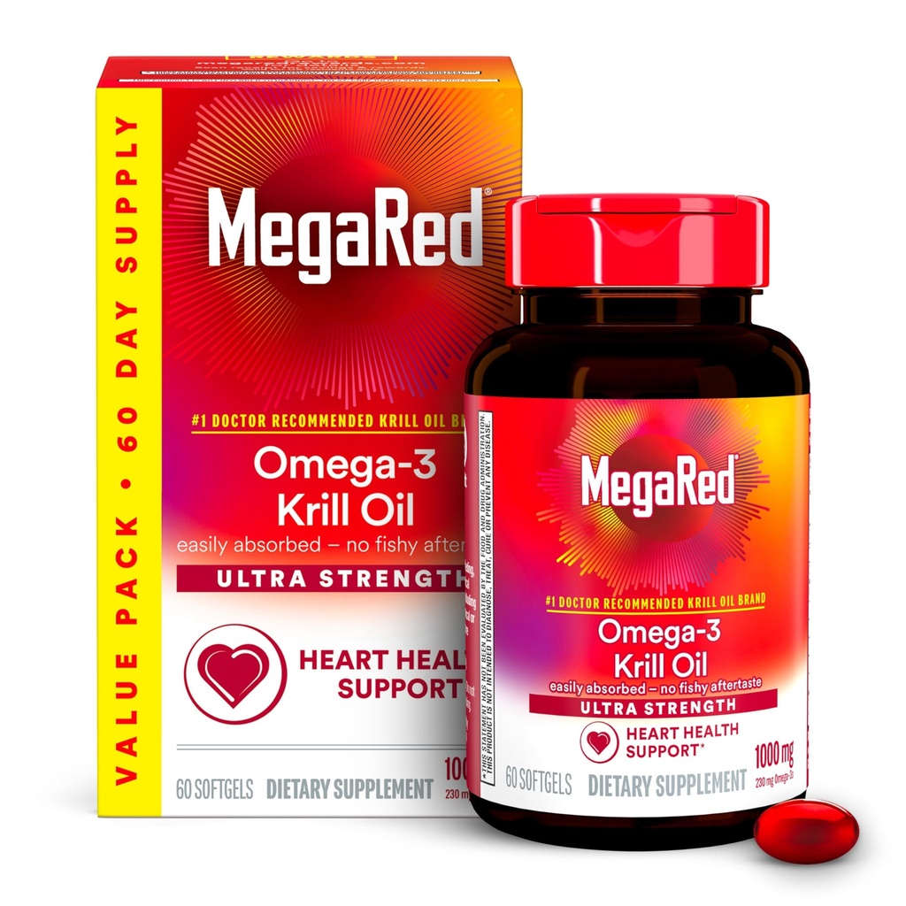 MegaRed Ultra Tugevus 1000mg Omega-3 Krill õlilisandiga EPA / DHA, astaksantiin ja fosfolipiidid, ei kalaõli järelmaitse toetab südame, aju, liigeste ja silmade tervist, 60 Count Softgels.