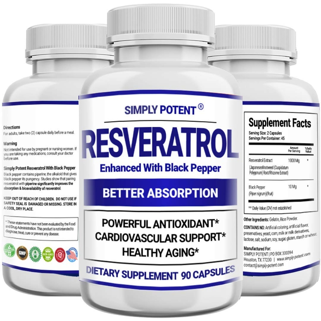 Resveratrool 1000mg täiendus, Trans Resveratrool 500mg, Resveratrool on täiustatud musta pipraga Maxi imendumiseks, võimsad antioksüdandid ja vananemisvastased tabletid südame, immuunsüsteemi ja naha tervise jaoks, 90 kapslit