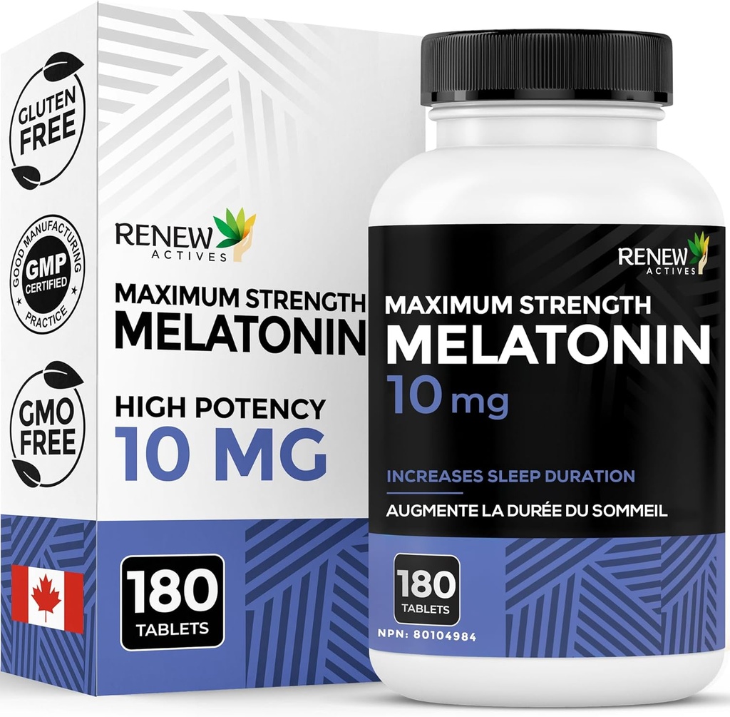 Uuendage aktiivseid toimeaineid Melatoniin 10 mg ühe serveerimise kohta - edendab sügavamat, pikemat ja ideaalset une juhtimist, Jet Lag & oma unetsükli lähtestamiseks - valmistatud Kanadas - 180 tabletti