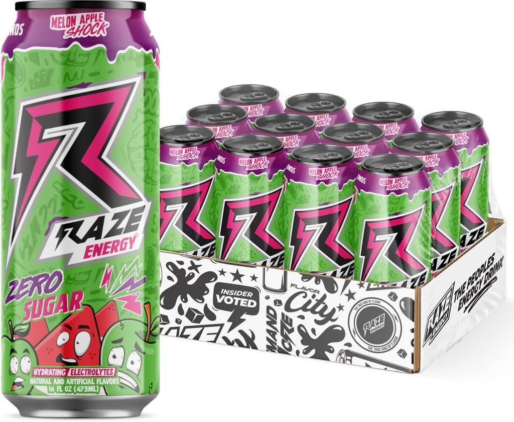 RAZE null suhkru energiajook, 300mg kofeiin, nullkalorid, jõudlus ja hüdraat, Prime Choice Sugar tasuta joogid säästva energia ja fookuse jaoks (Melon Apple Shock 12 Pack)