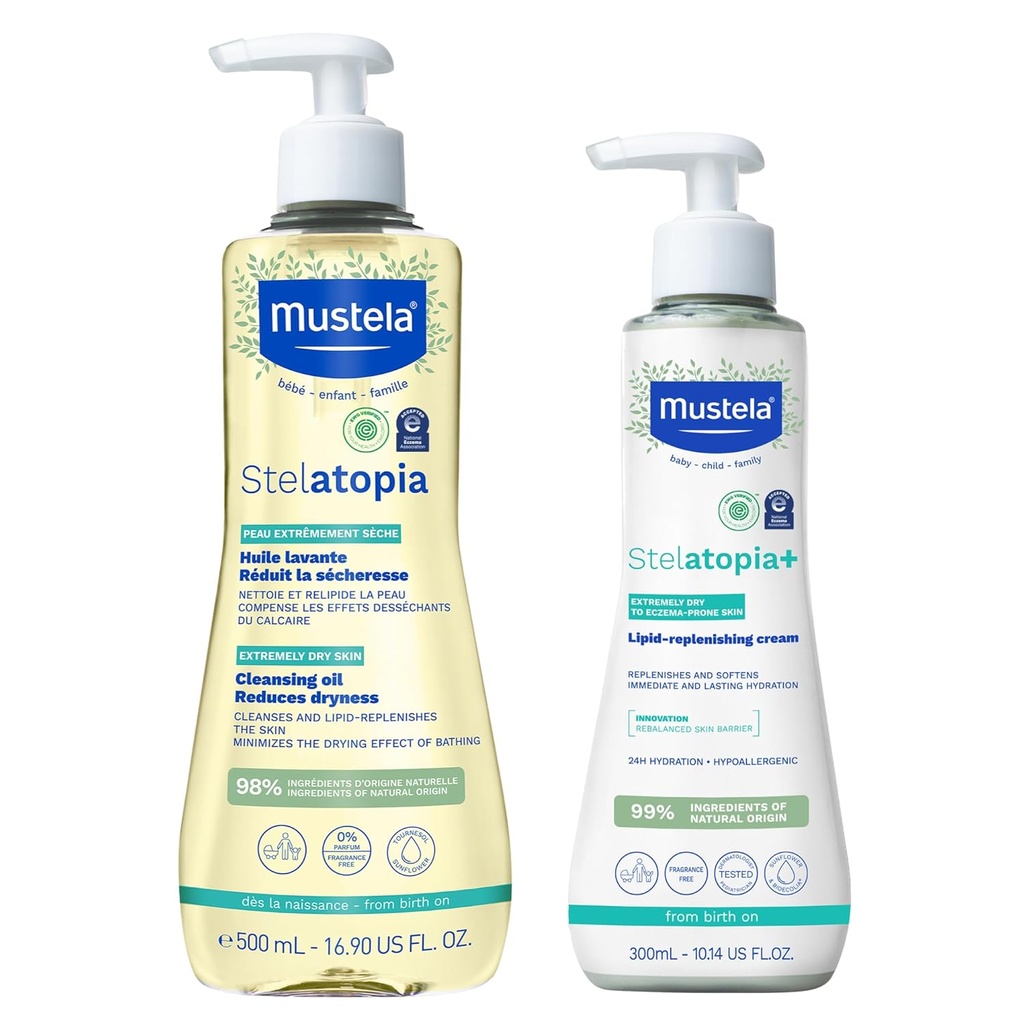 Mustela Stelatopia Ekseem-Prone Naha Vanniaeg Kingikomplekt - Pere Nahahooldusvahendid - Looduslik Avokaado & Päevalilleõli - EWG Kontrollitud - 2 Tootekomplekt - Stelatopia Puhastusõli ja Stelatopia + Kreem