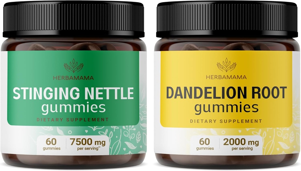 HERBAMAMA Stinging Nettle and Dandelion Kit - Bund of 7500 mg Stinginging Nettle Juur & 2000 mg Dandelion Juurkummies - Vegan, Non-GMO, želatiinivaba - 2 Pack